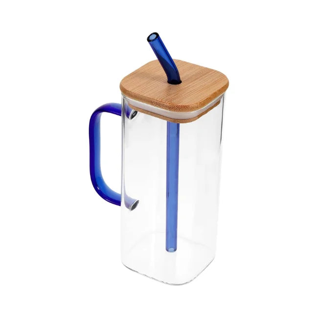 Square Glass Cup with Bamboo Lid and Glass Straw - Blue