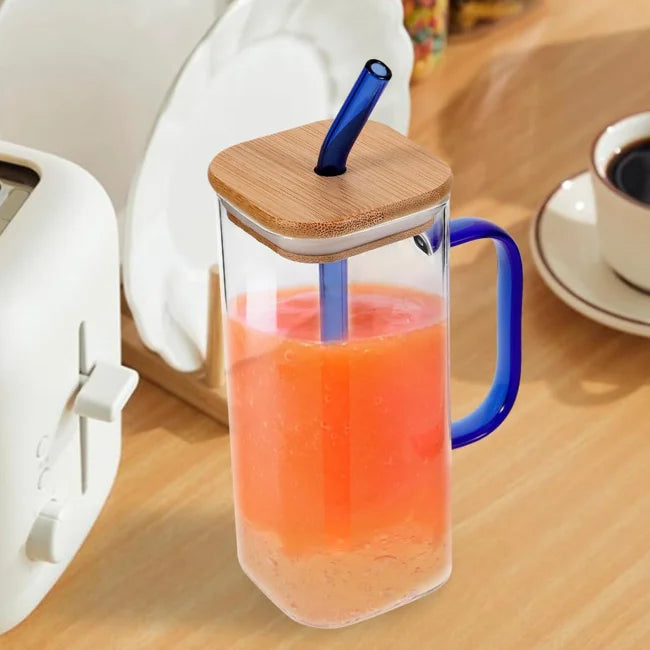 Square Glass Cup with Bamboo Lid and Glass Straw - Blue