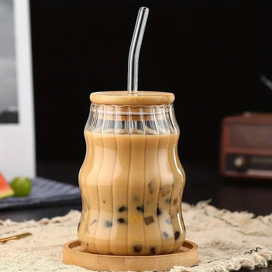 Ribbed Ripple Twist Glass Cup with Wooden Lid and Glass Straw