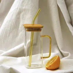 Square Glass Cup with Bamboo Lid and Glass Straw - Yellow