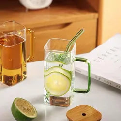 Square Glass Cup with Lid and Glass Straw - Green