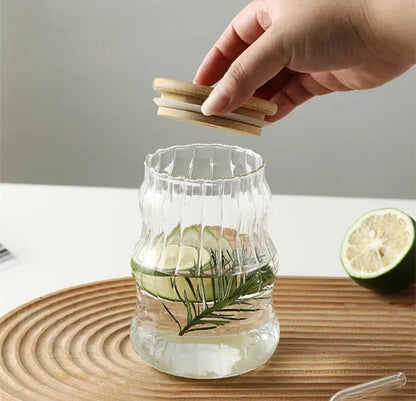 Ribbed Ripple Twist Glass Cup with Wooden Lid and Glass Straw