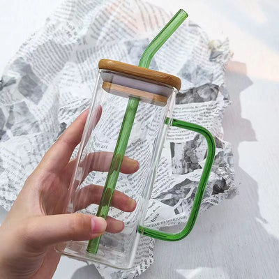 Square Glass Cup with Bamboo Lid and Glass Straw - Green