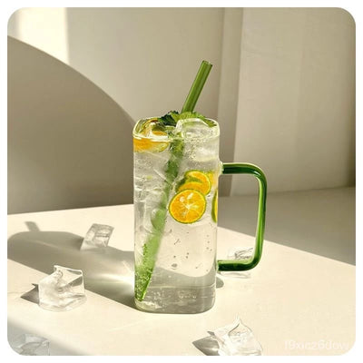 Square Glass Cup with Lid and Glass Straw - Green