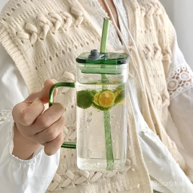 Square Glass Cup with Lid and Glass Straw - Green